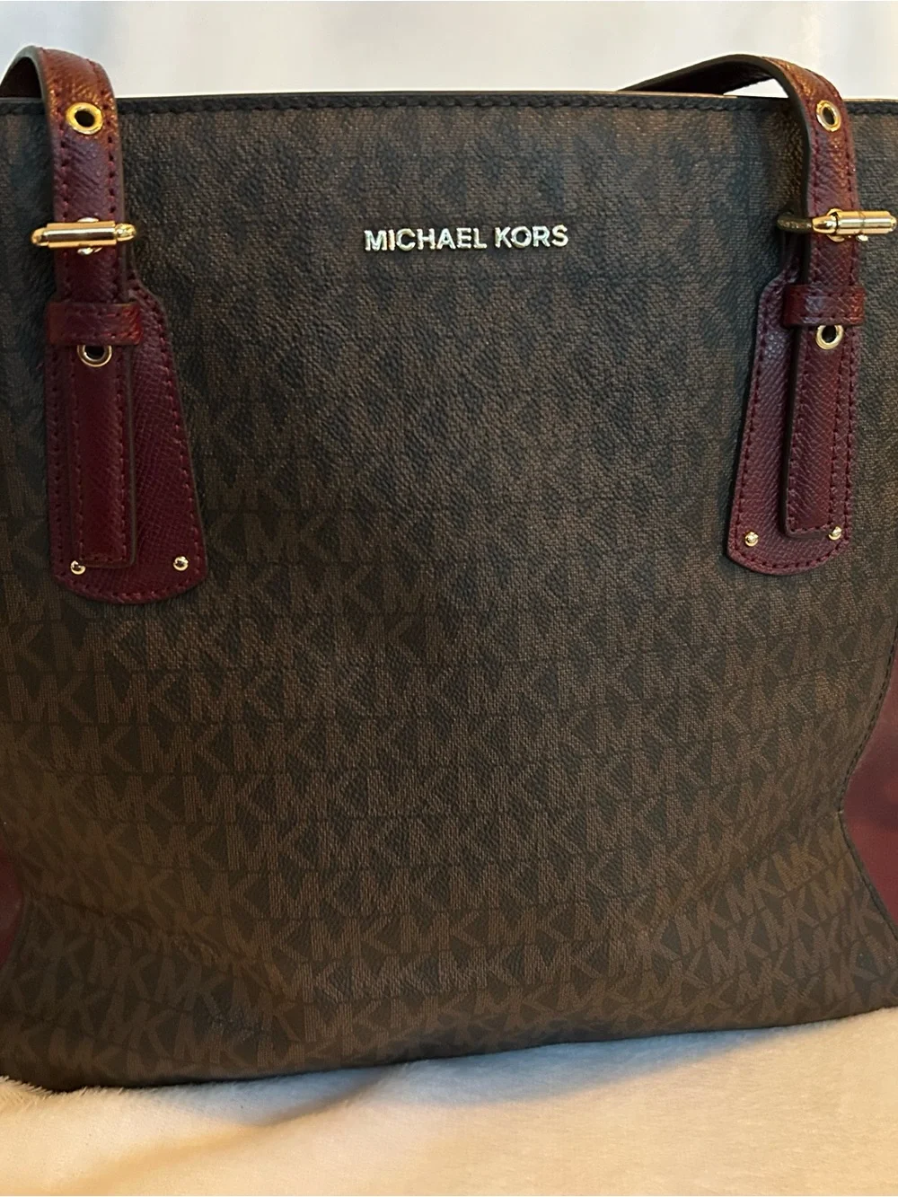 Michael Kors Large Brown Tote with Burgundy Strap Accents